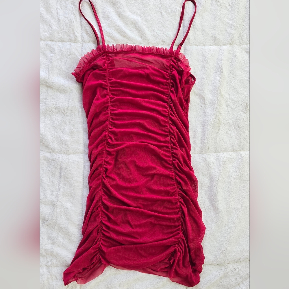 Red Ruched Mesh Chemise